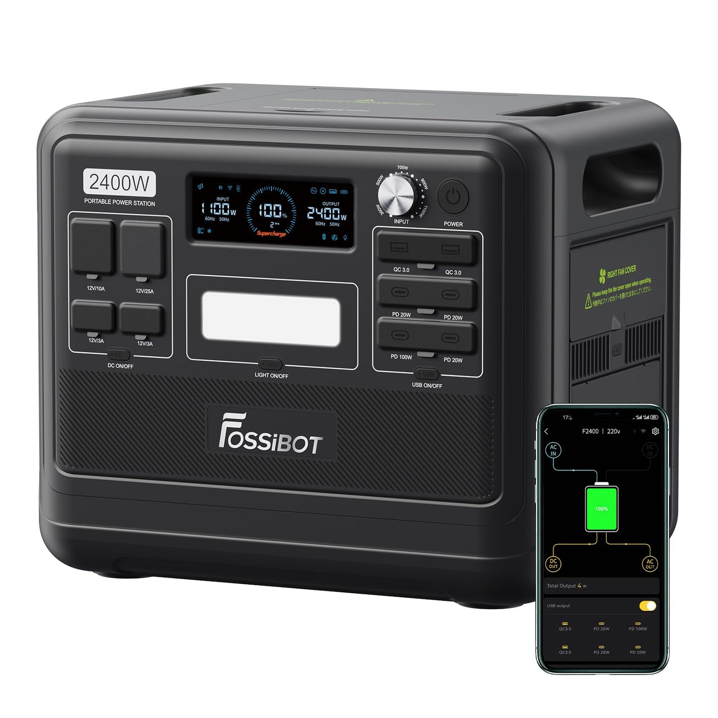 FOSSIBOT Powerstation 2400W AC Ausgängen (4800 W Peak) F2400, Stück mit 200W Solarpanel Power Station, 1100W Superschnelles Tragbare Solargenerator für Zuhause, Camping, RV und Notfall