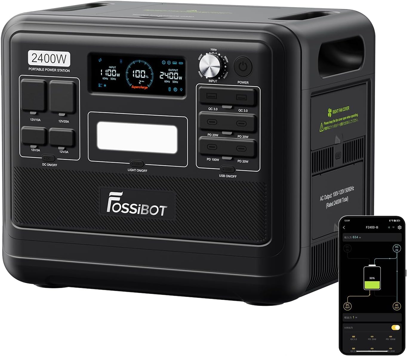 FOSSIBOT Powerstation 2400W AC Ausgängen (4800 W Peak) F2400, Stück mit 200W Solarpanel Power Station, 1100W Superschnelles Tragbare Solargenerator für Zuhause, Camping, RV und Notfall