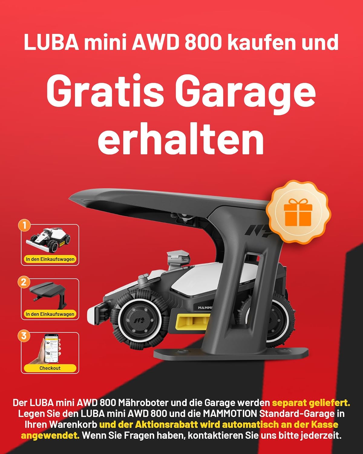 Modo Living LUBA mini AWD 800, 800m², Ohne Kabel, NetRTK+Vision, 4G, 80% Steigung