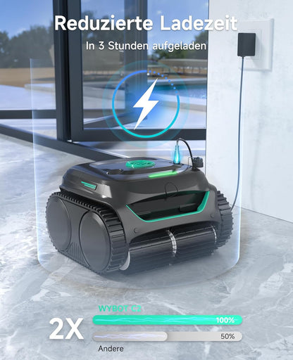 Modo Living WYBOT C2 Poolroboter Akku, Boden & Wand, bis 150㎡, Doppelfilter, 3 Motoren, Wandkletter, 183 Min, App, Schwarz-Grün B