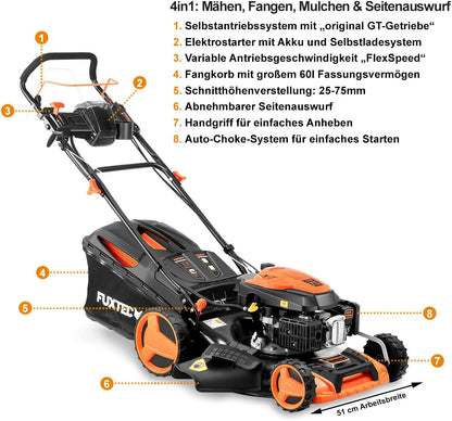Modo Living FUXTEC FX-RM5196eSPRO 4in1 Benzinmäher, E-Start & Antrieb, 51 cm Schnitt