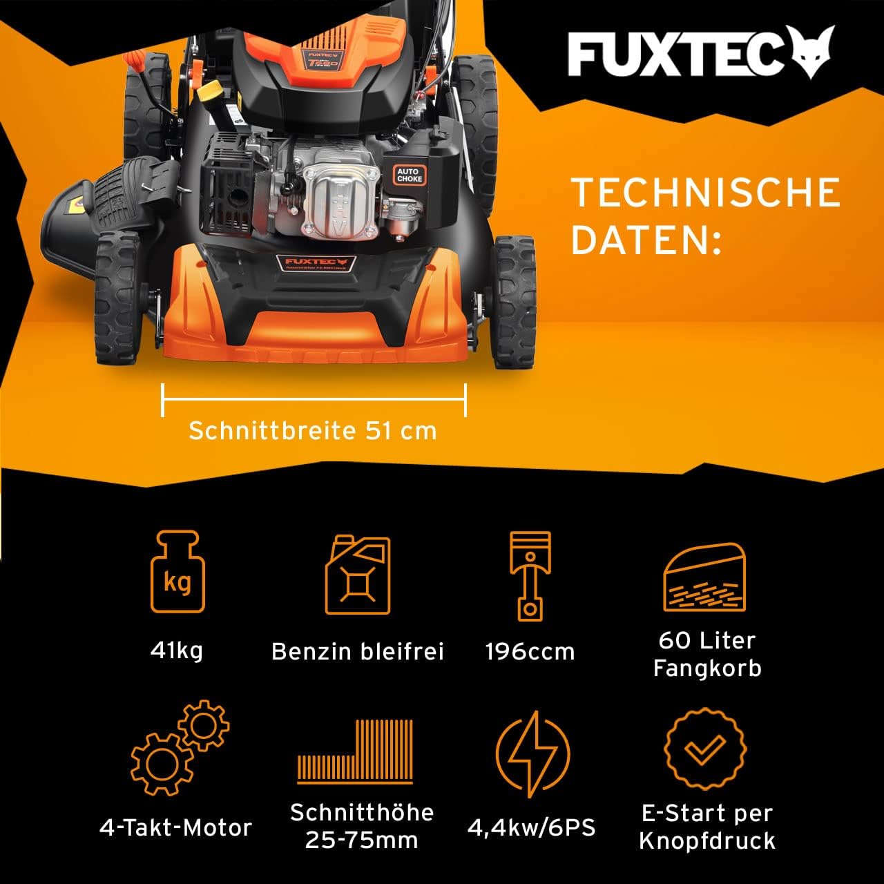 Modo Living FUXTEC FX-RM5196eSPRO 4in1 Benzinmäher, E-Start & Antrieb, 51 cm Schnitt