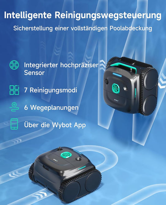 Modo Living WYBOT C2 Poolroboter Akku, Boden & Wand, bis 150㎡, Doppelfilter, 3 Motoren, Wandkletter, 183 Min, App, Schwarz-Grün B