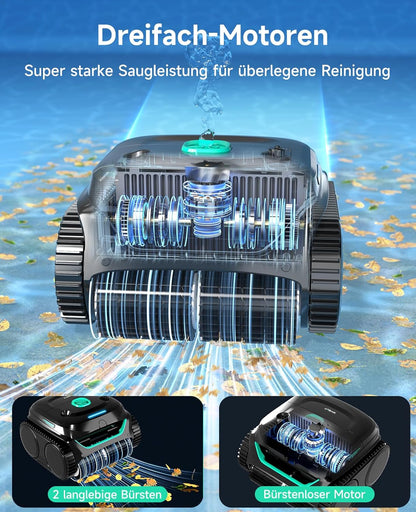 Modo Living WYBOT C2 Poolroboter Akku, Boden & Wand, bis 150㎡, Doppelfilter, 3 Motoren, Wandkletter, 183 Min, App, Schwarz-Grün B