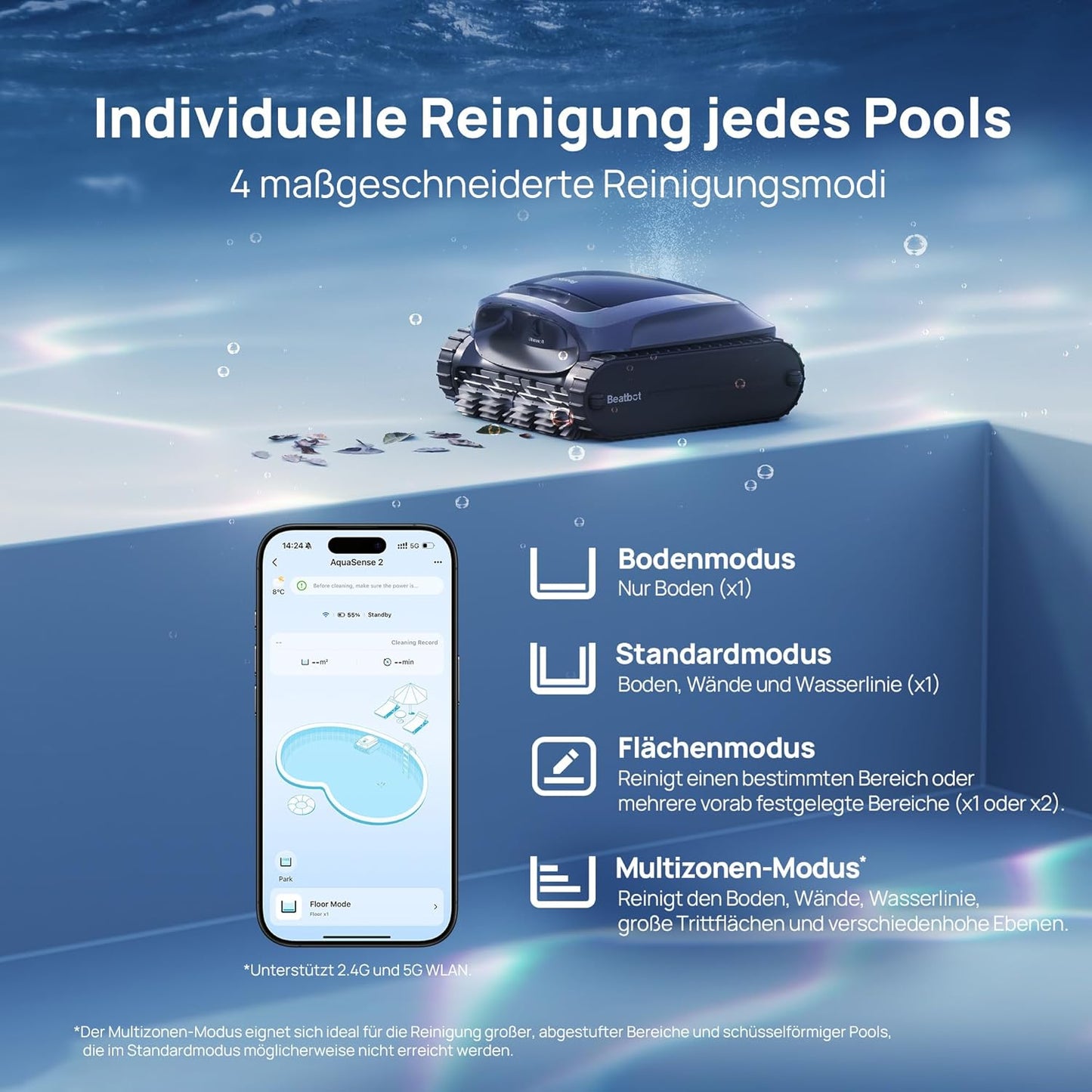 Modo Living Beatbot AquaSense 2 Akku Poolroboter, Boden & Wand, Wasserlinie doppelt, bis 300㎡, Midnight Blue