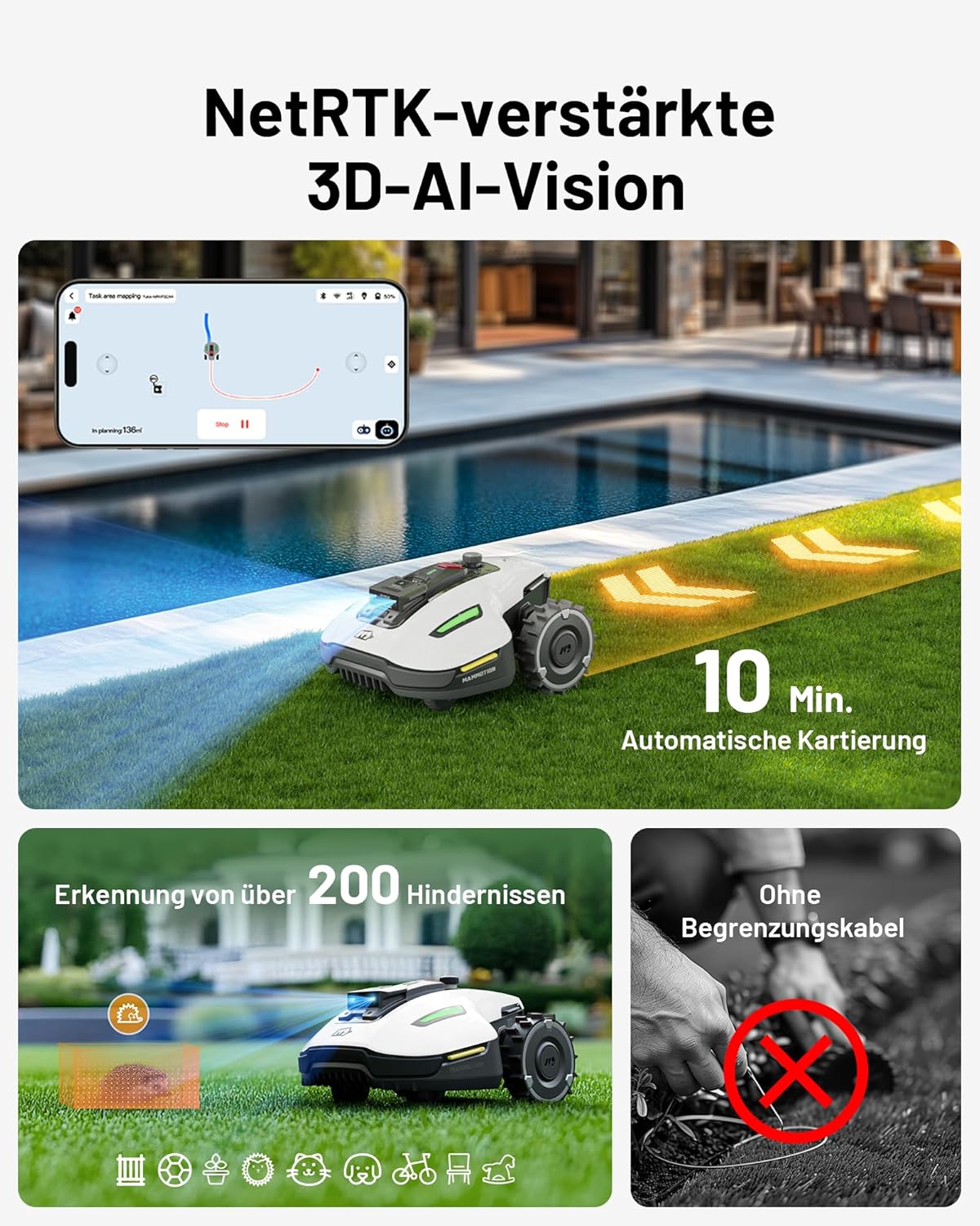 Modo Living YUKA Mini 500 Robotic Lawnmower, No Boundary Cable, 4G, Auto Mapping, 500m², 50% Incline